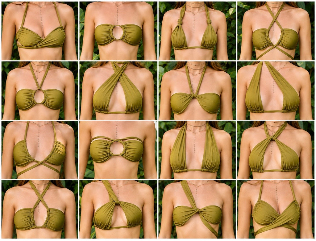 Différentes façons de nouer le haut de bikini ÉMÉRA olive satiné ARCHIBEL