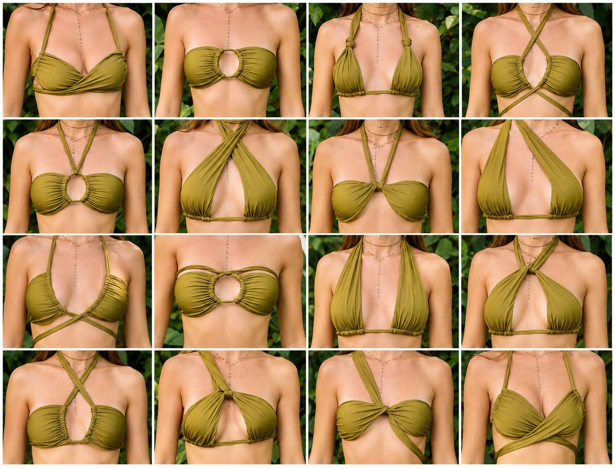 Différentes façons de nouer le haut de bikini ÉMÉRA olive satiné ARCHIBEL